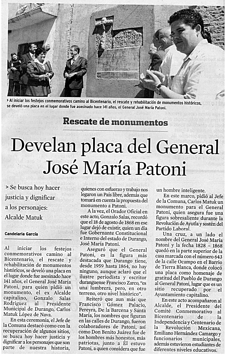 Newspaper article about the unveiling of the marker to General Jose Maria Patoni on September 29, 2009